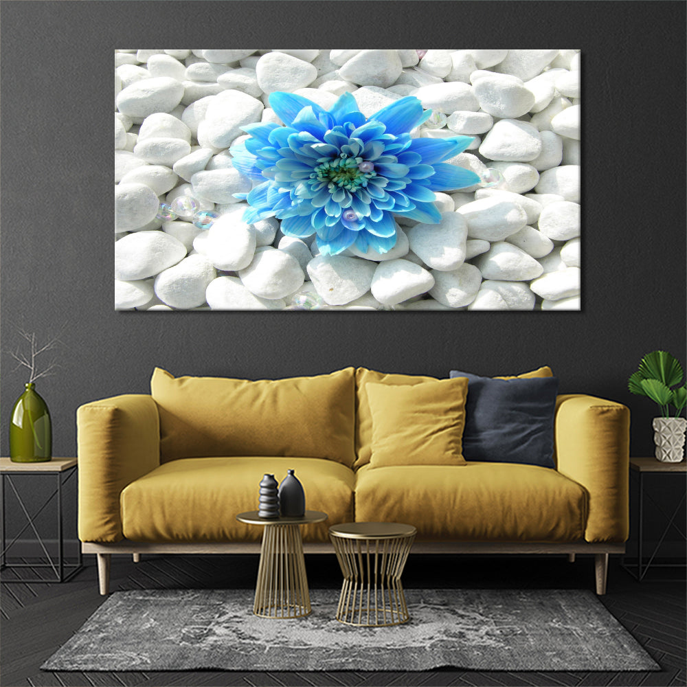 Blue flower on white pebbles