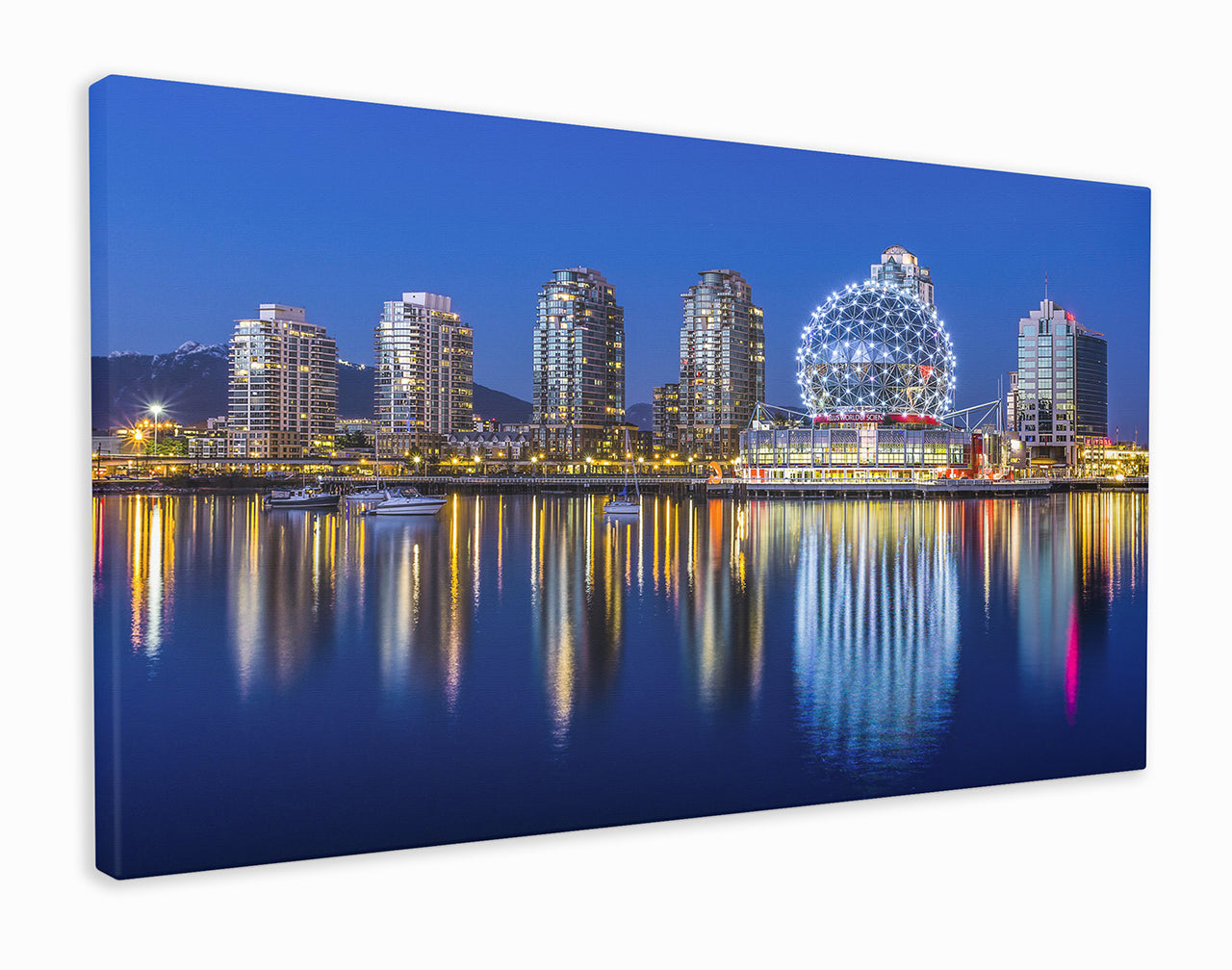 Vancouver sea view of Science World building and skylines